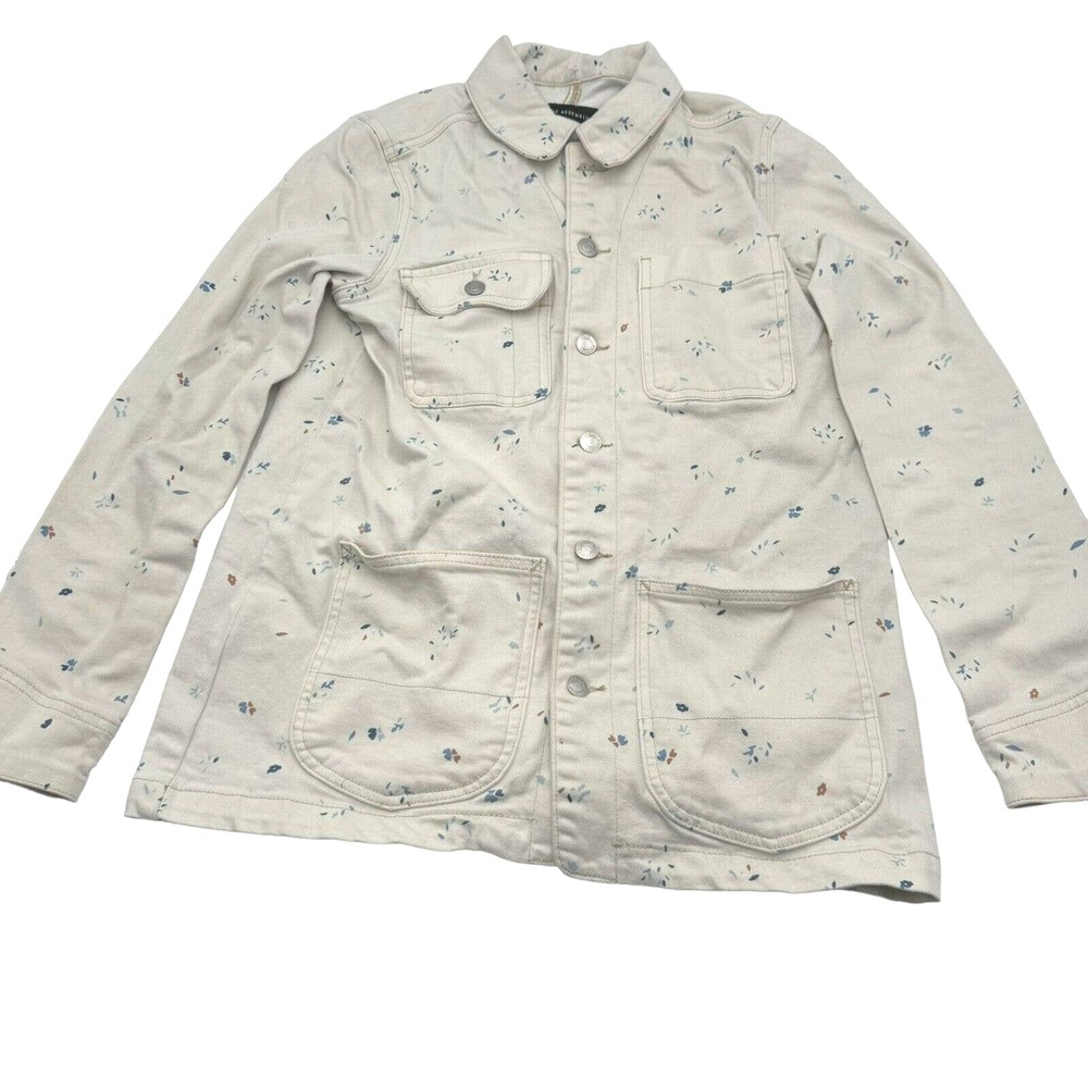 FREE ASSEMBLY Women's Medium White denim jean jacket blue floral design pockets
